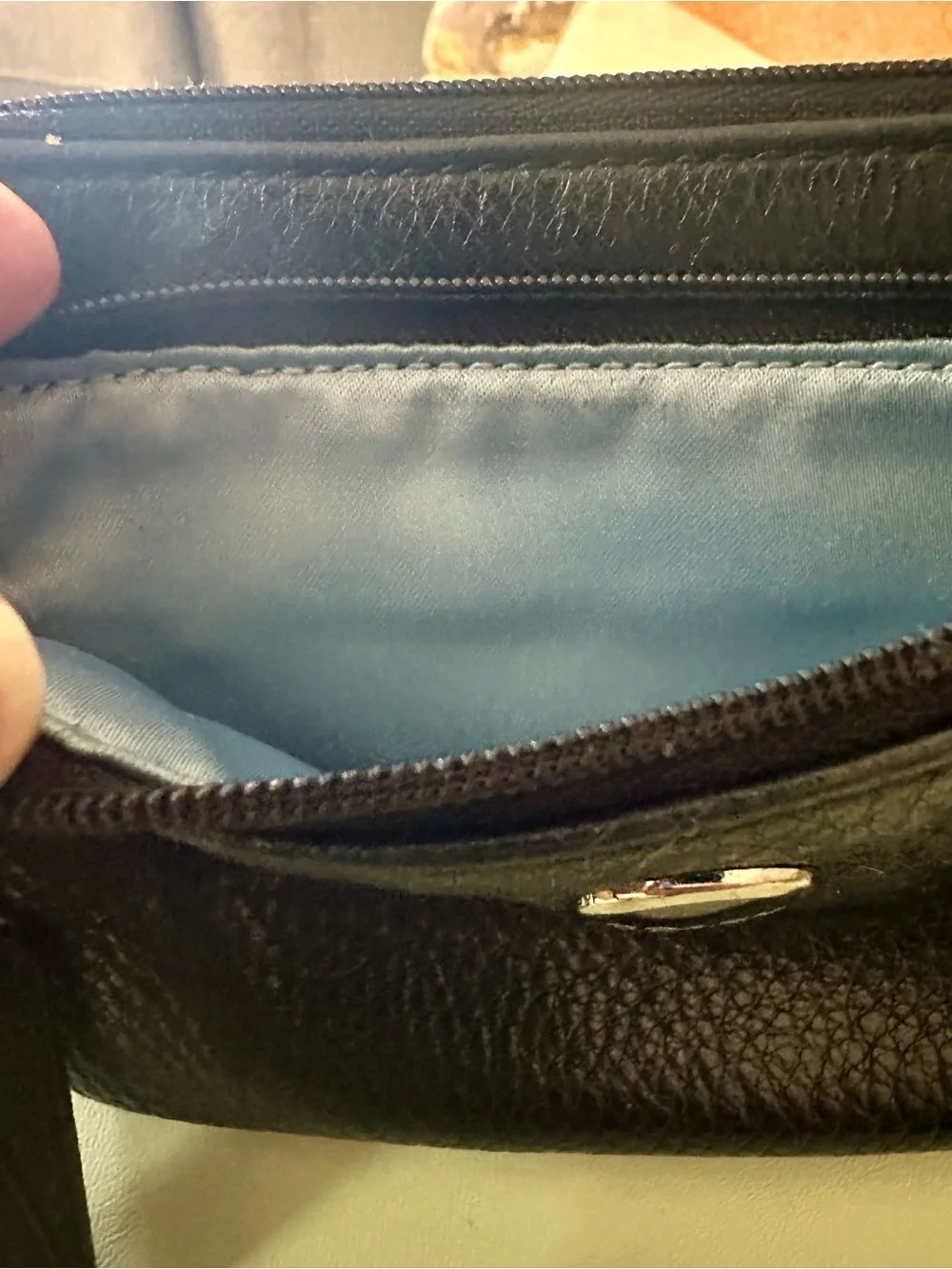 COACH Black Pebbled Leather Double Zipper Wristlet, Logo Disc, Ice Blue Lining
